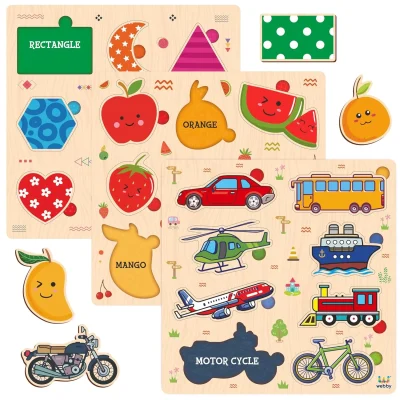 Puzzle Set with Shapes, Fruits and Transport Vehicles