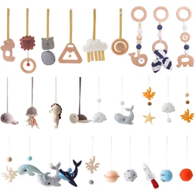 Infant Crib & Play Gym Toys  Wooden Pendant with Soft Felt, Music Rattle & Teether