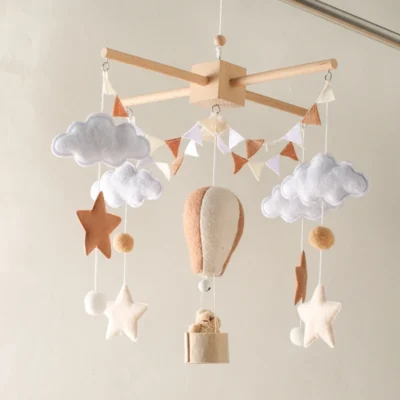 Baby Crib Mobile Bed Bell Toy  Wooden Hanging Rattle with Felt Hot Air Balloon Design
