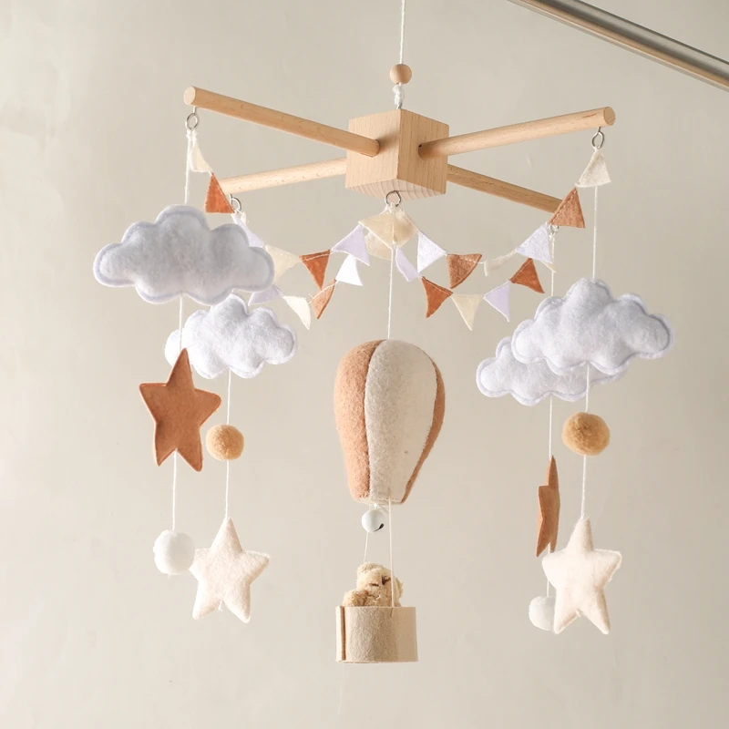 Baby Crib Mobile Bed Bell Toy Wooden Hanging Rattle with Felt Hot Air Balloon Design