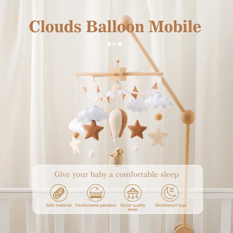 Baby Crib Mobile Bed Bell Toy Wooden Hanging Rattle with Felt Hot Air Balloon Design - Image 4