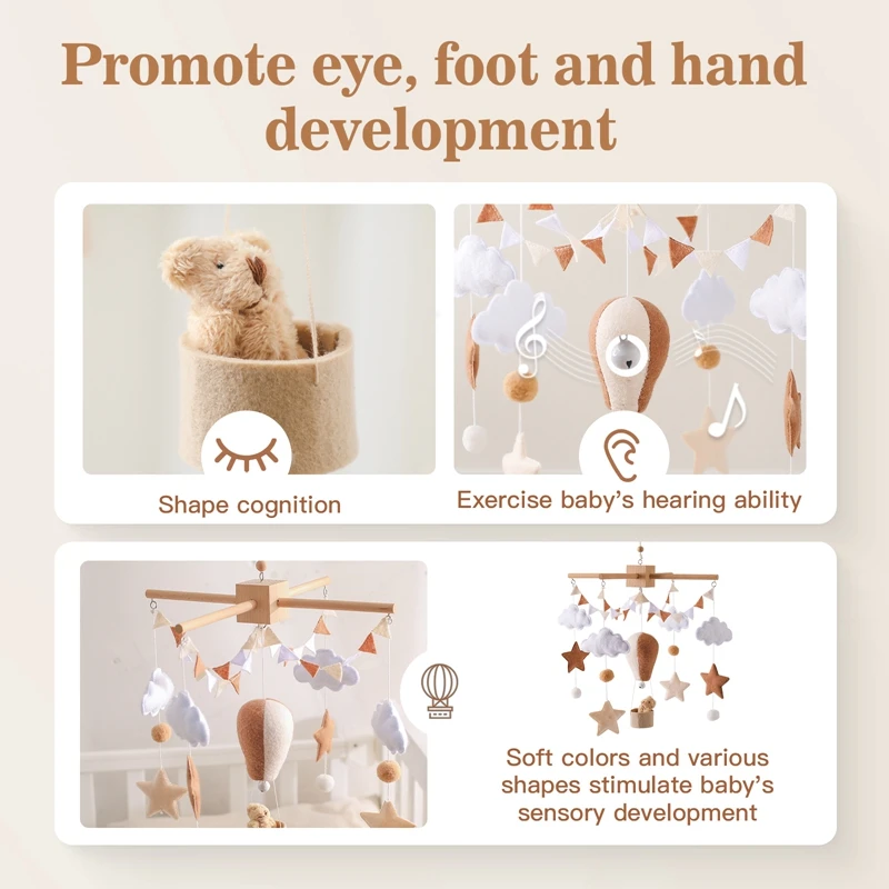 Baby Crib Mobile Bed Bell Toy Wooden Hanging Rattle with Felt Hot Air Balloon Design - Image 5