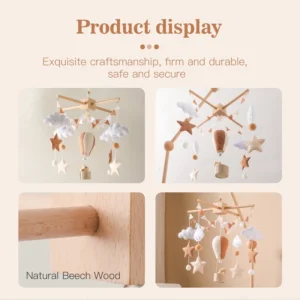 Baby Crib Mobile Bed Bell Toy Wooden Hanging Rattle with Felt Hot Air Balloon Design - Image 7