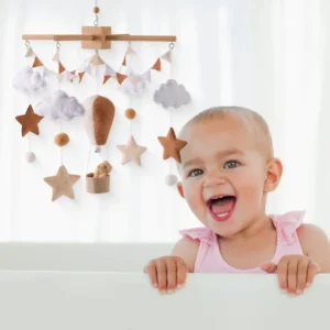 Baby Crib Mobile Bed Bell Toy Wooden Hanging Rattle with Felt Hot Air Balloon Design - Image 8