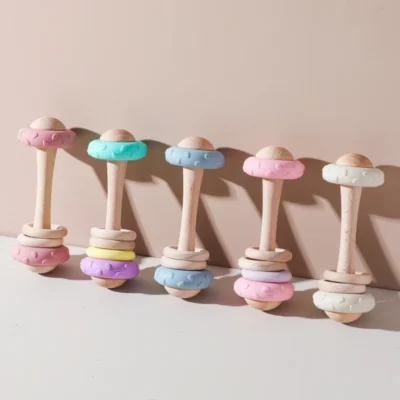 Baby Teething Toy  Wooden Rattle with BPA-Free Silicone Ring for Infants