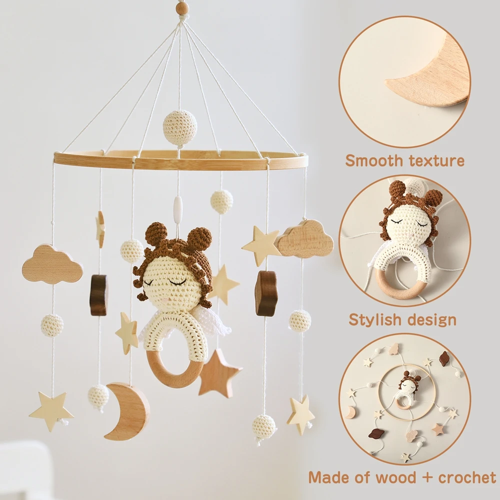 Newborn Crib Mobile Wooden Bed Bell Toy with Crochet Animals & Music - Image 14