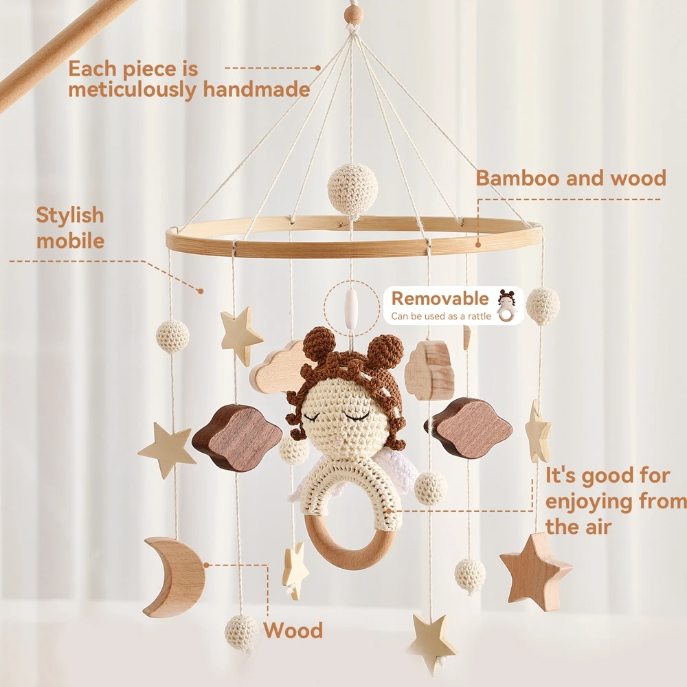 Newborn Crib Mobile Wooden Bed Bell Toy with Crochet Animals & Music - Image 2